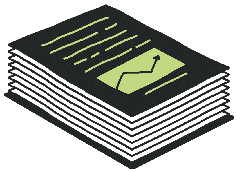 Illustration of a many pages stacked on top of each other with report graphs on the front cover 
